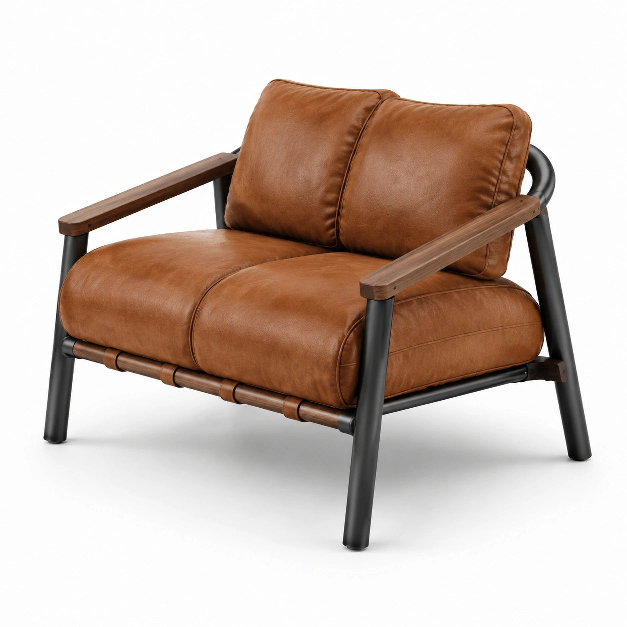 Fauteuil cuir PU marron avec structure en acier et bois