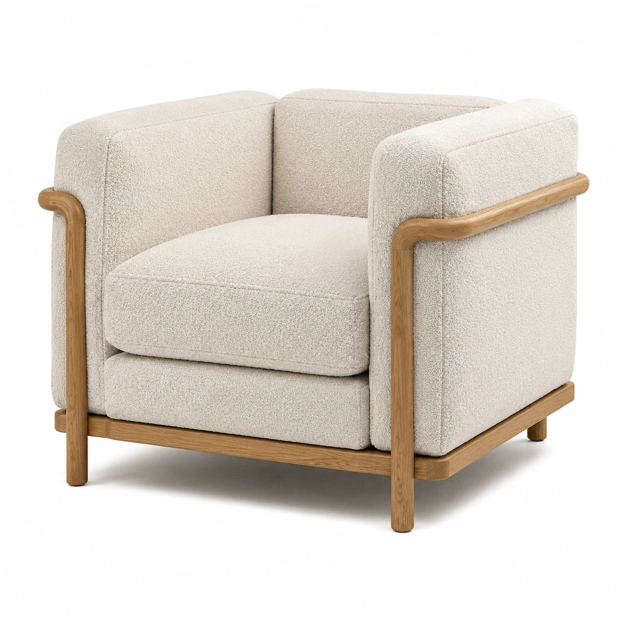 Fauteuil en bois et tissu bouclé beige