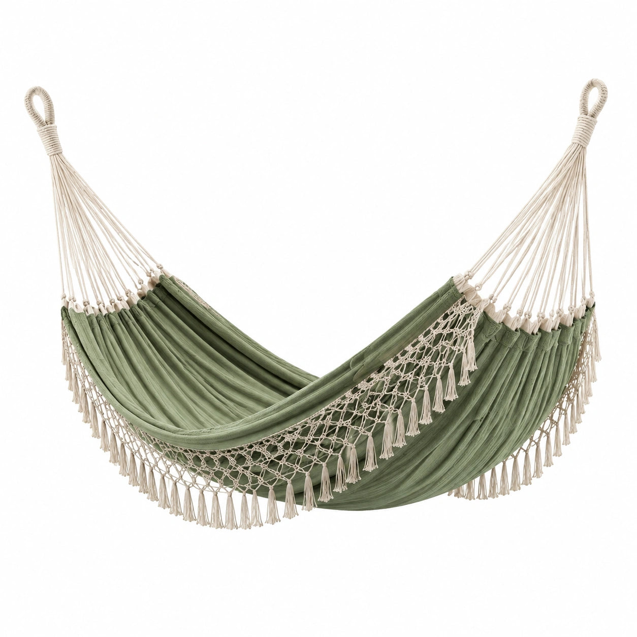 Hamac en coton avec franges macramé vert/écru