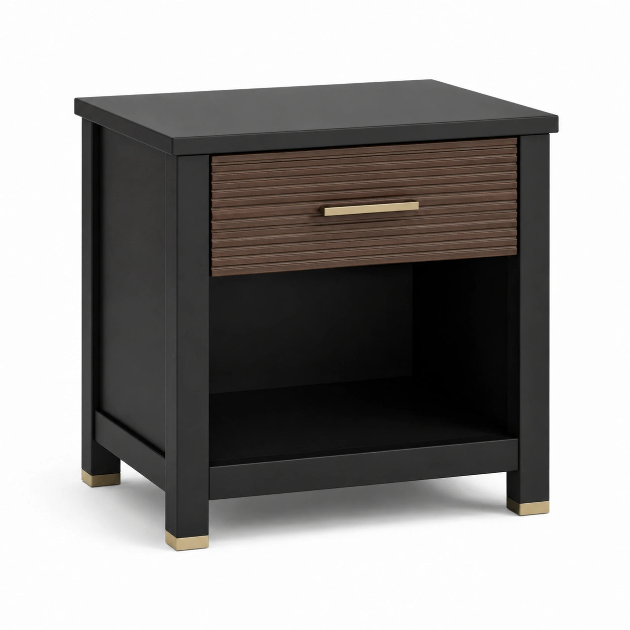 Table de chevet en bois et métal noir et brun avec tiroir