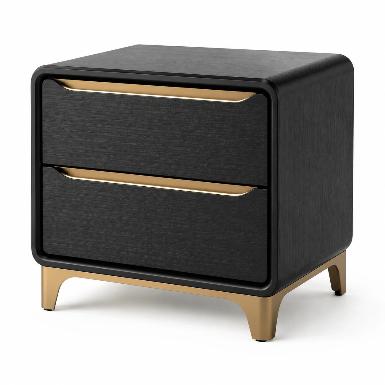 Table de chevet en bois MDF noir avec pieds métalliques dorés et 2 tiroirs