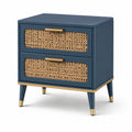 Table de chevet en bois et rotin bleu avec finitions dorées
