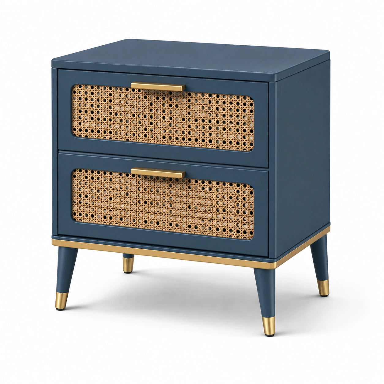 Table de chevet en bois et rotin bleu avec finitions dorées