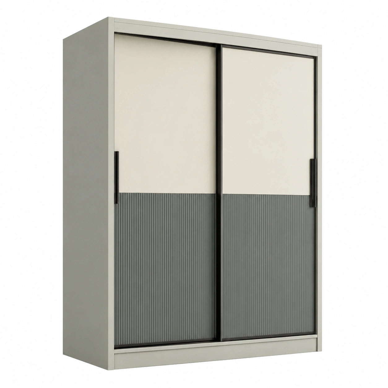 Armoire en bois mélaminé gris et blanc avec portes coulissantes