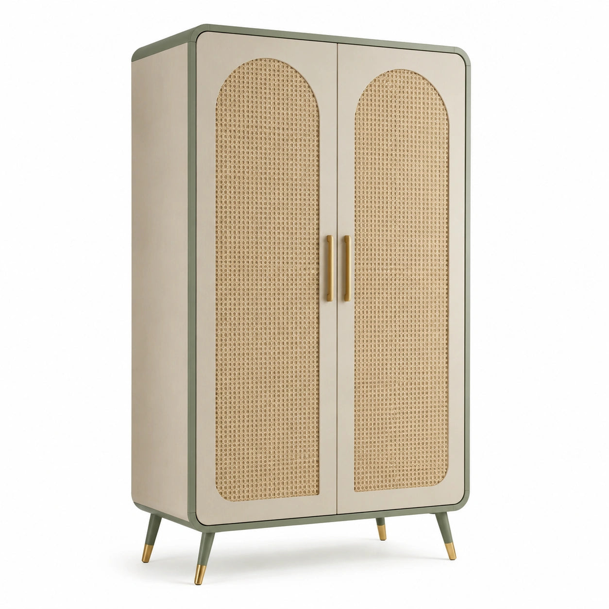 Armoire en bois et rotin avec pieds métallique, beige et vert