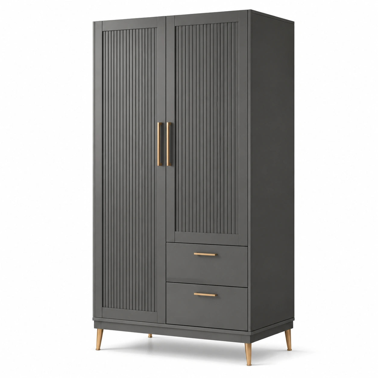 Armoire en bois MDF gris avec poignées et pieds métalliques