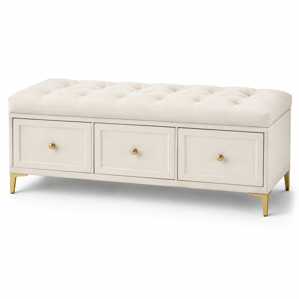 Banc de rangement en bois et métal avec coussin capitonné beige
