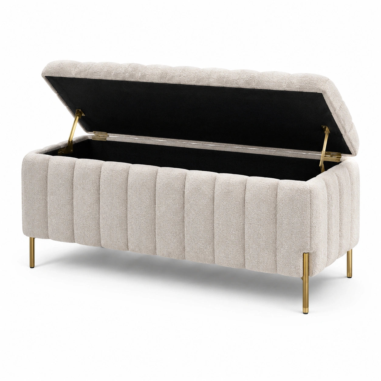 Banc de rangement en tissu bouclé beige avec pieds en métal doré