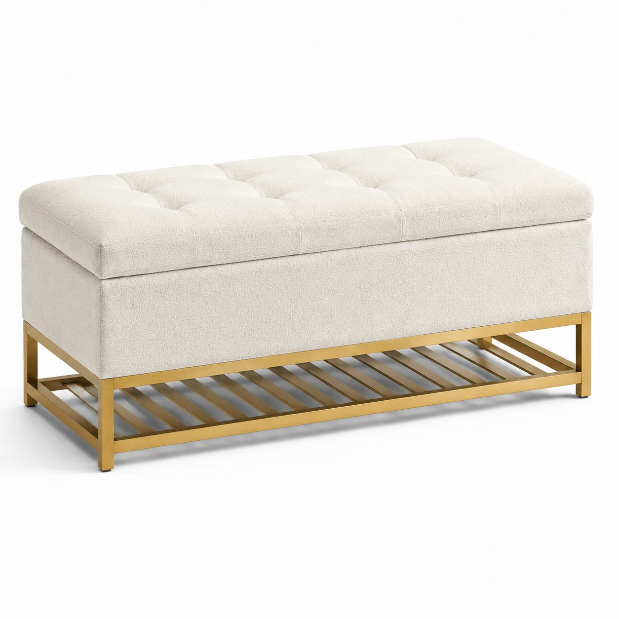 Banc en tissu crème avec base en métal doré