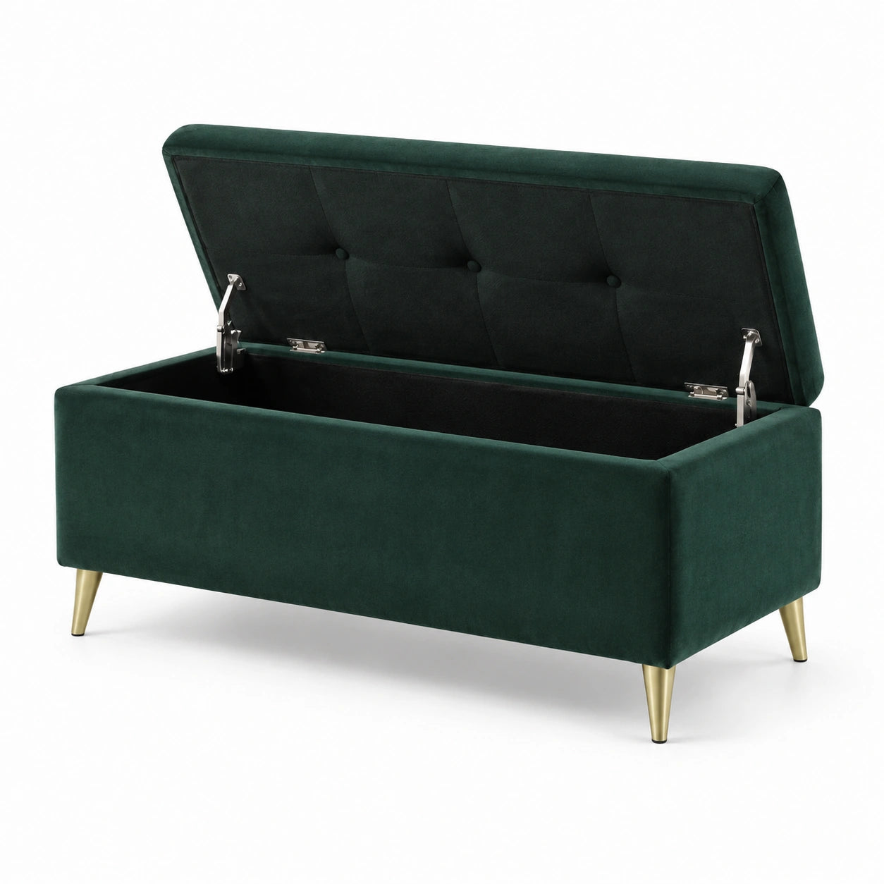 Banc de rangement en velours vert avec pieds en métal doré
