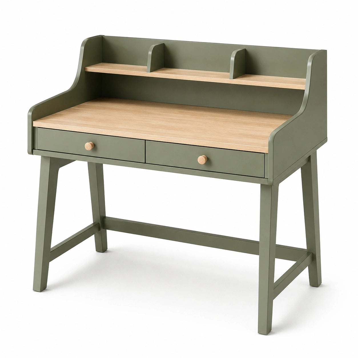 Bureau en bois avec étagères et tiroirs vert olive
