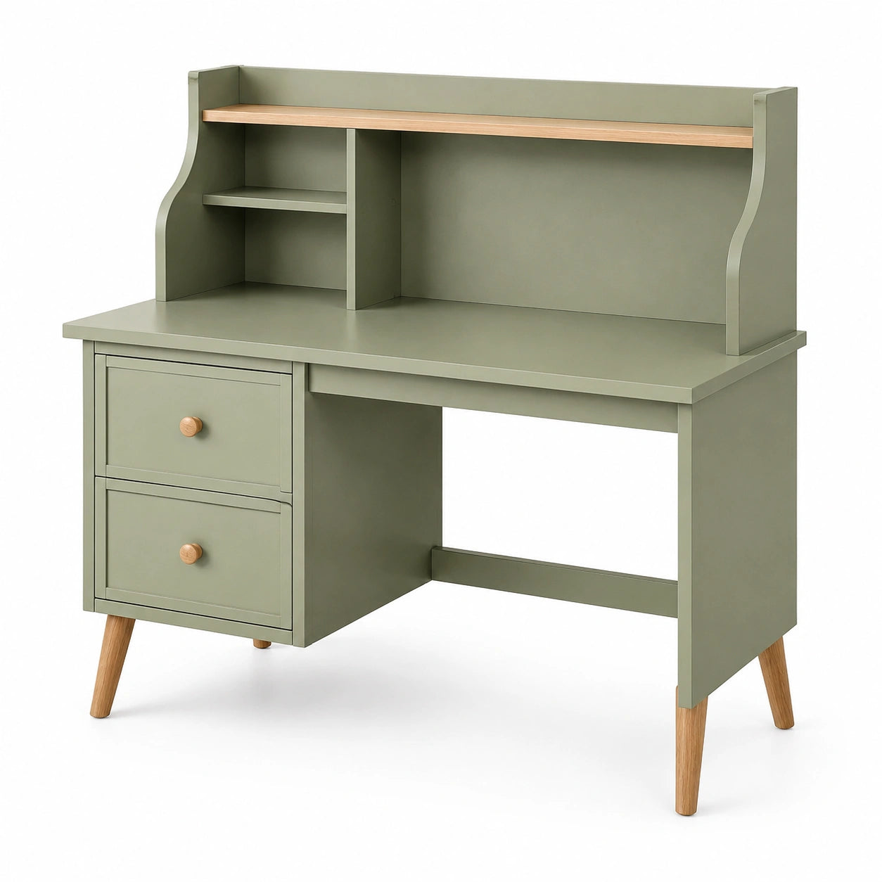 Bureau en MDF vert kaki avec 2 tiroirs et étagère