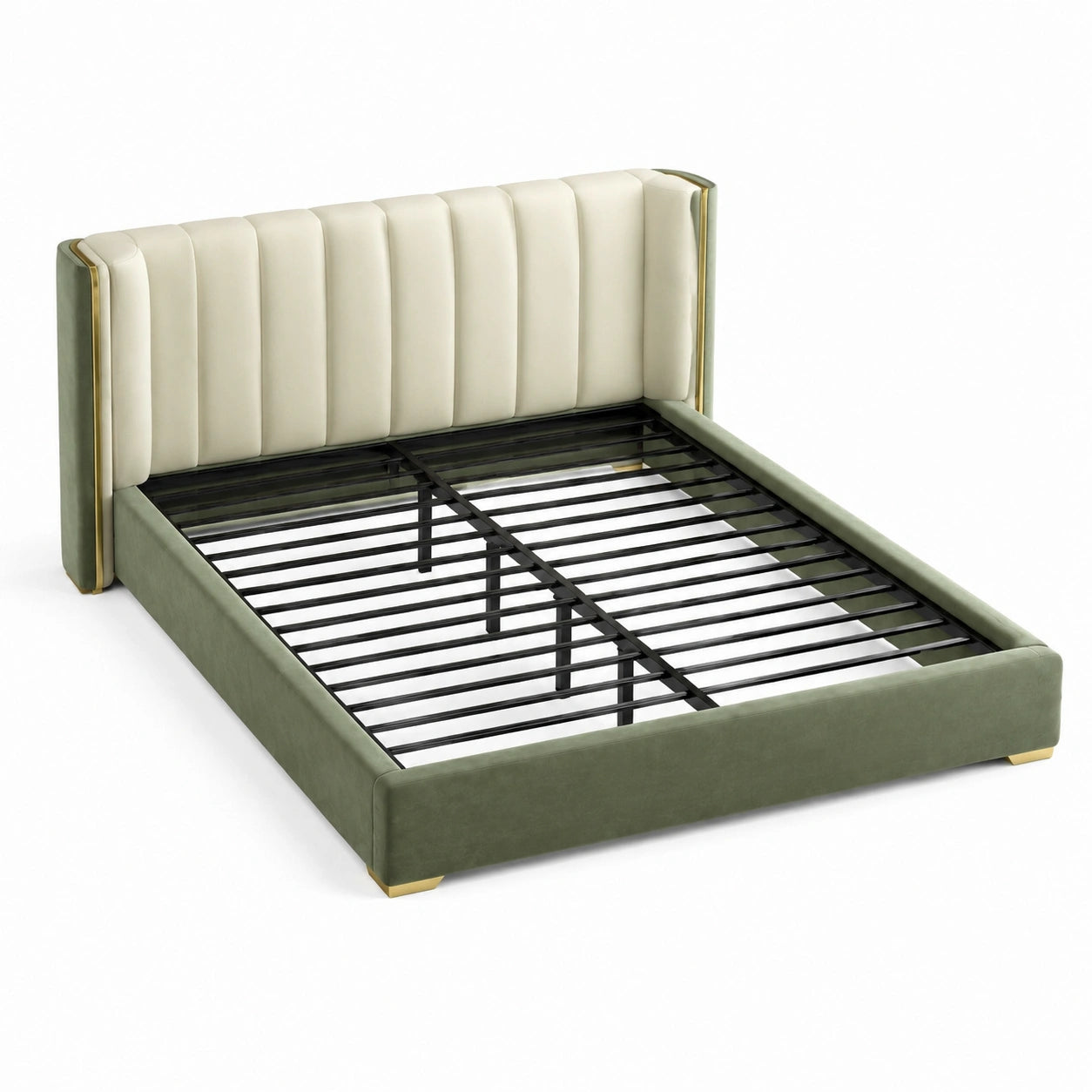 Cadre de lit en métal et velours beige/vert 160x200 cm