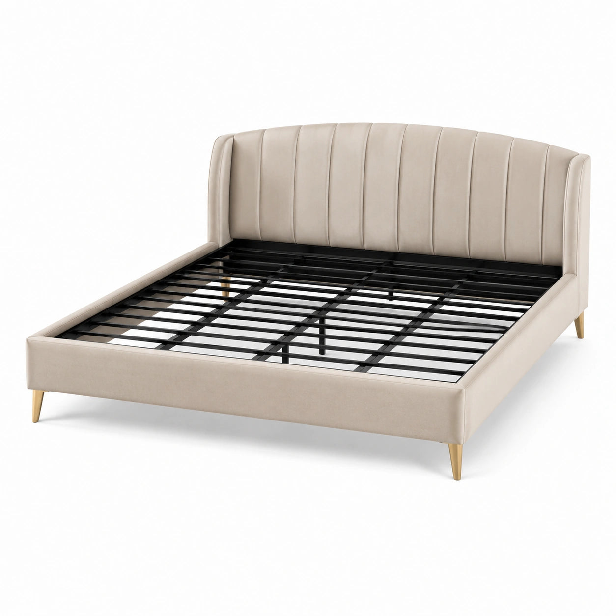 Lit double en similicuir beige avec pieds en métal doré 160x200 cm