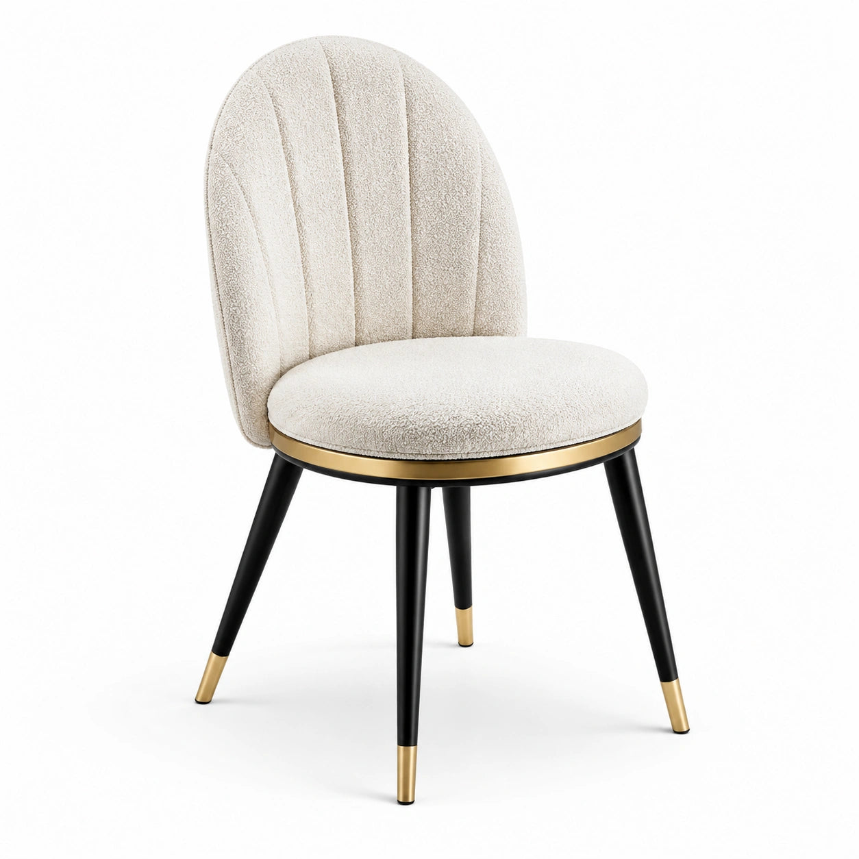 Chaise en bois, tissu bouclé beige et métal noir/or