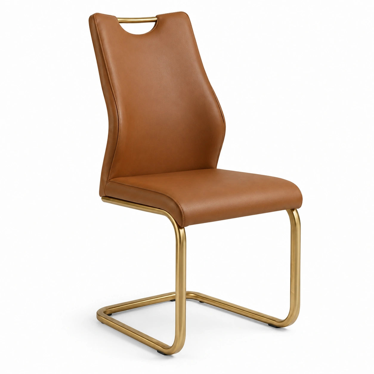 Chaise de salle à manger en cuir synthétique brun avec cadre en métal doré